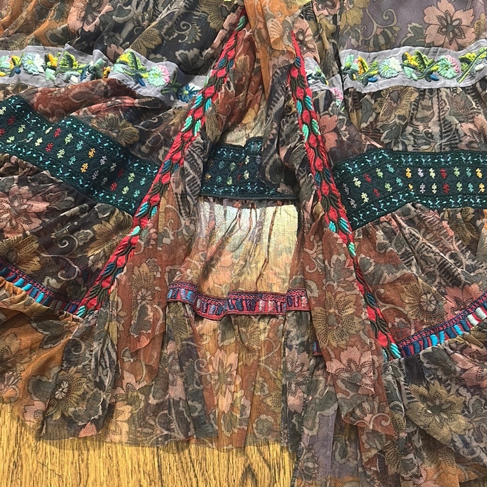 Johnny Was BIYA Bohemian Multicolor Tiered Skirt M tiered front slit lined boho - Picture 2 of 8